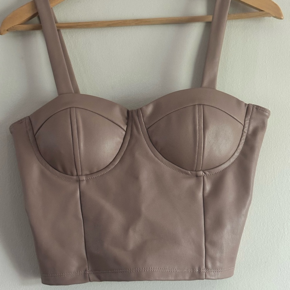 Stylish Brown Faux Leather Bustier Top Crop Top